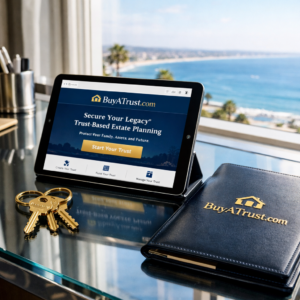 Highly detailed close-up of a high-end San Diego office. A tablet is open, displaying the BuyATrust.com start page. Heavy brass keys and a BuyATrust.com embossed leather binder sit next to it, set against a bright, clean, airy background with gold accents. Modern legal protection visual.