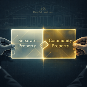 A professional hand holding a set of house keys and a simple Intake Form instruction sheet. This is the second step in the 'Three Simple Steps' to buy a living trust on the BuyATrust.com platform. Clear process visualization.